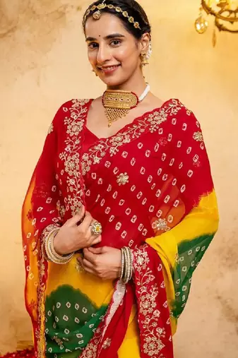 Bandhani embroidered pure georgette fusion bandhani saree