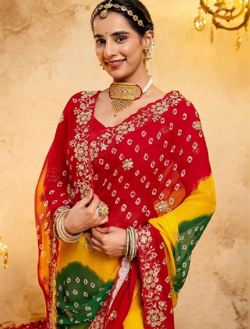 Bandhani embroidered pure georgette fusion bandhani saree