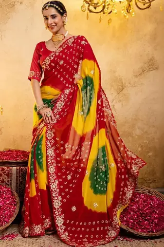Bandhani embroidered pure georgette fusion bandhani saree