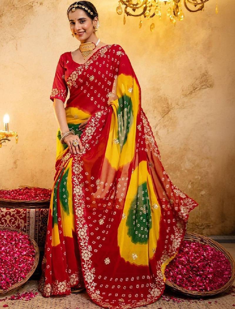 Bandhani embroidered pure georgette fusion bandhani saree