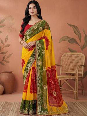 Bandhani embroidered pure georgette fusion bandhani saree 1