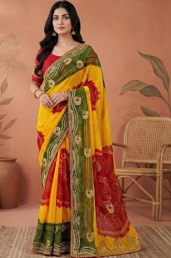 Bandhani embroidered pure georgette fusion bandhani saree