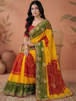 Bandhani embroidered pure georgette fusion bandhani saree 4