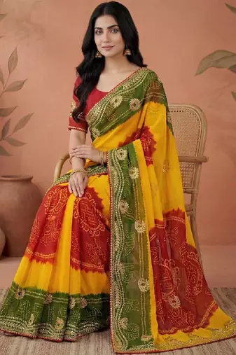 Bandhani embroidered pure georgette fusion bandhani saree