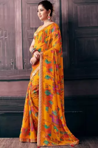 Pure chiffon fusion leheriya saree