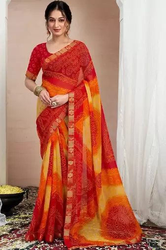 Pure chiffon fusion bandhani saree