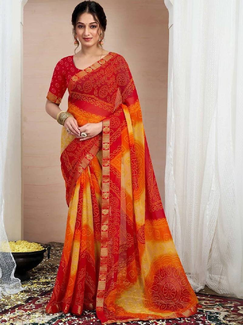 Pure chiffon fusion bandhani saree