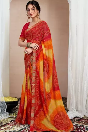 Pure chiffon fusion bandhani saree