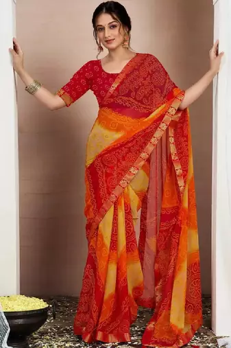 Pure chiffon fusion bandhani saree