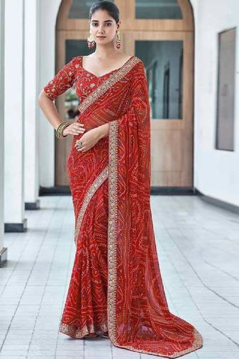 Bandhani embroidered pure georgette fusion bandhani saree