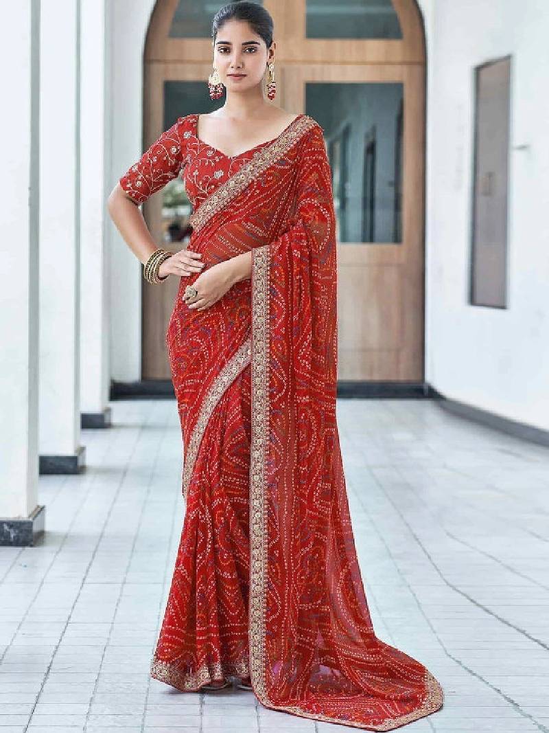 Bandhani embroidered pure georgette fusion bandhani saree