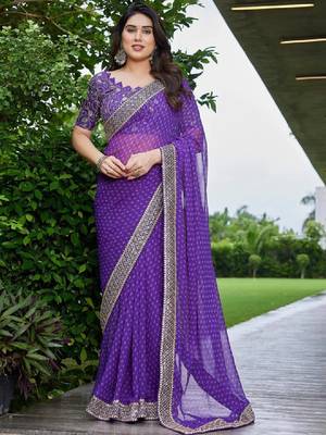 Floral embroidered pure georgette fusion bandhani saree 1
