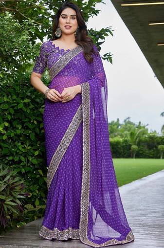 Floral embroidered pure georgette fusion bandhani saree