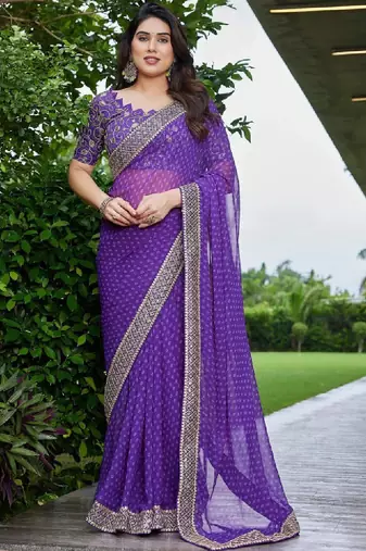 Floral embroidered pure georgette fusion bandhani saree