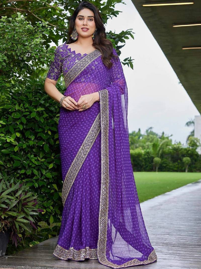 Floral embroidered pure georgette fusion bandhani saree