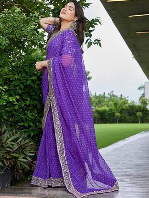 Floral embroidered pure georgette fusion bandhani saree 2