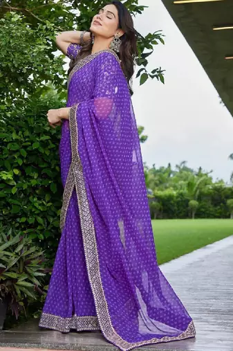 Floral embroidered pure georgette fusion bandhani saree
