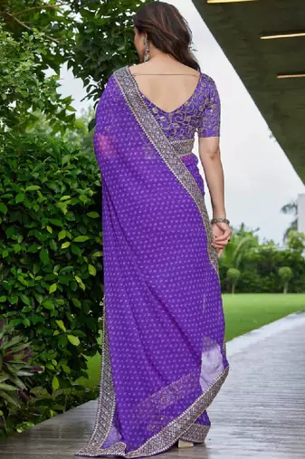 Floral embroidered pure georgette fusion bandhani saree