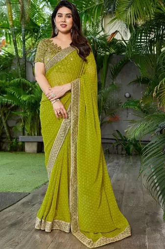 Floral embroidered pure georgette fusion bandhani saree