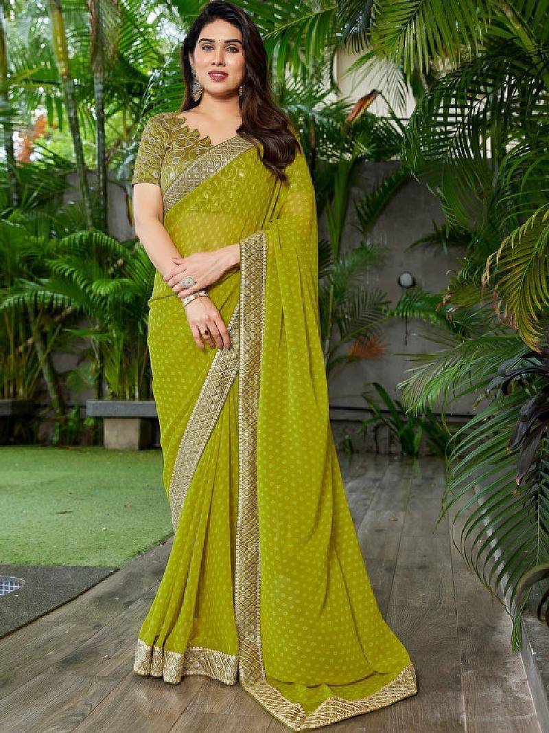 Floral embroidered pure georgette fusion bandhani saree