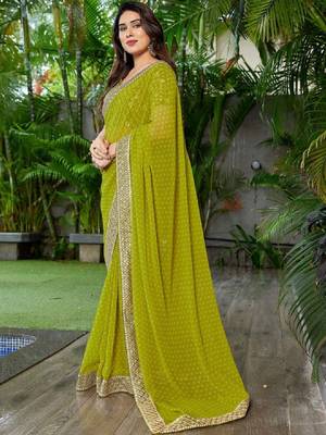 Floral embroidered pure georgette fusion bandhani saree 2