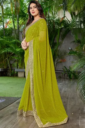 Floral embroidered pure georgette fusion bandhani saree
