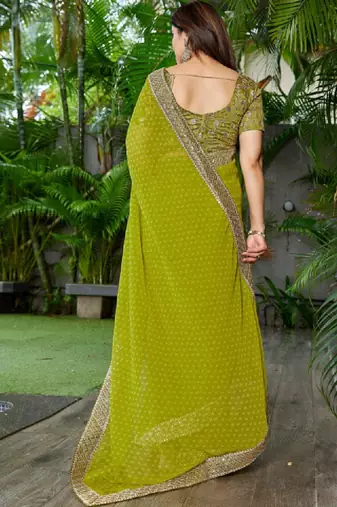Floral embroidered pure georgette fusion bandhani saree