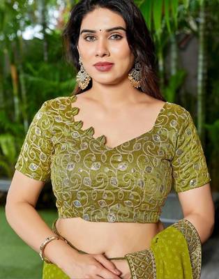 Floral embroidered pure georgette fusion bandhani saree 4