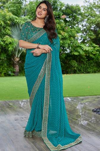 Floral pure georgette fusion bandhani saree