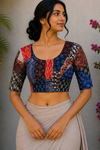 Multicolor authentic ajrakh patchwork cotton blouse