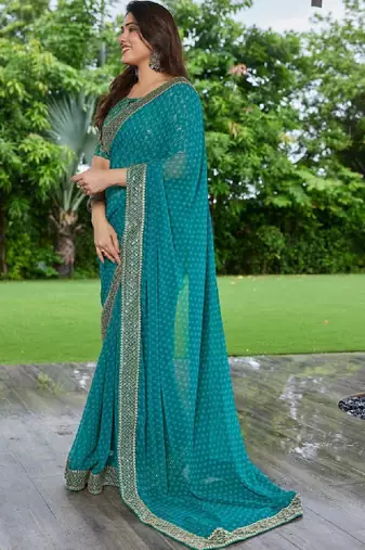 Floral pure georgette fusion bandhani saree