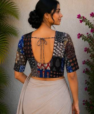 Multicolor authentic ajrakh patchwork cotton blouse 2