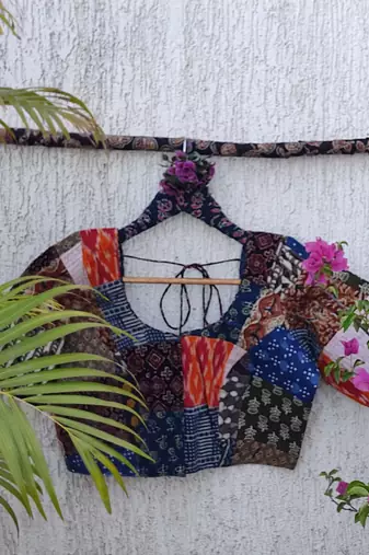 Multicolor authentic ajrakh patchwork cotton blouse