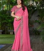 Floral embroidered pure georgette fusion bandhani saree
