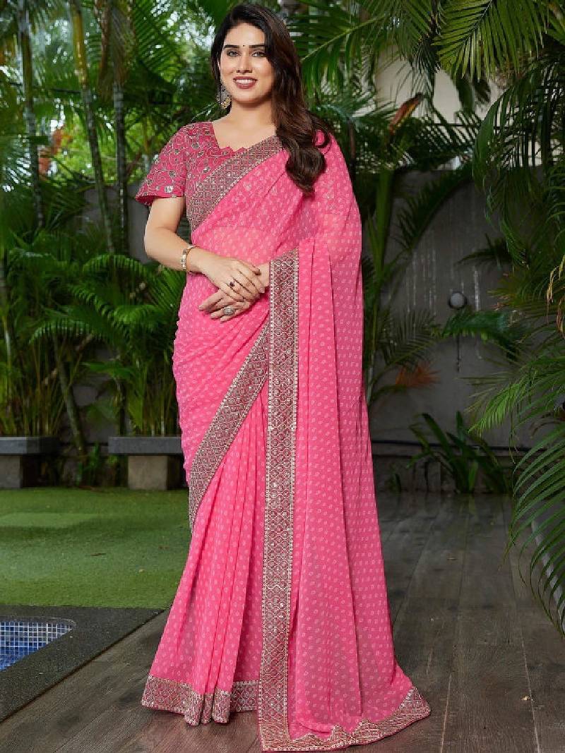 Floral embroidered pure georgette fusion bandhani saree