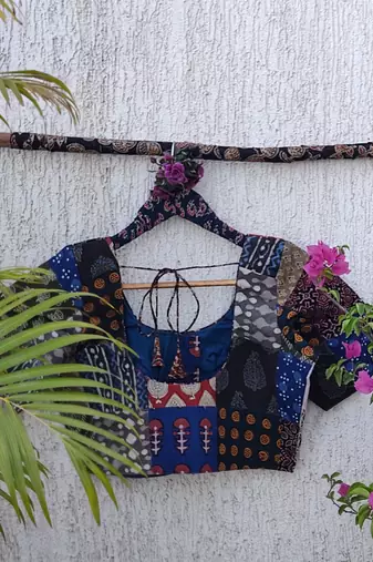 Multicolor authentic ajrakh patchwork cotton blouse