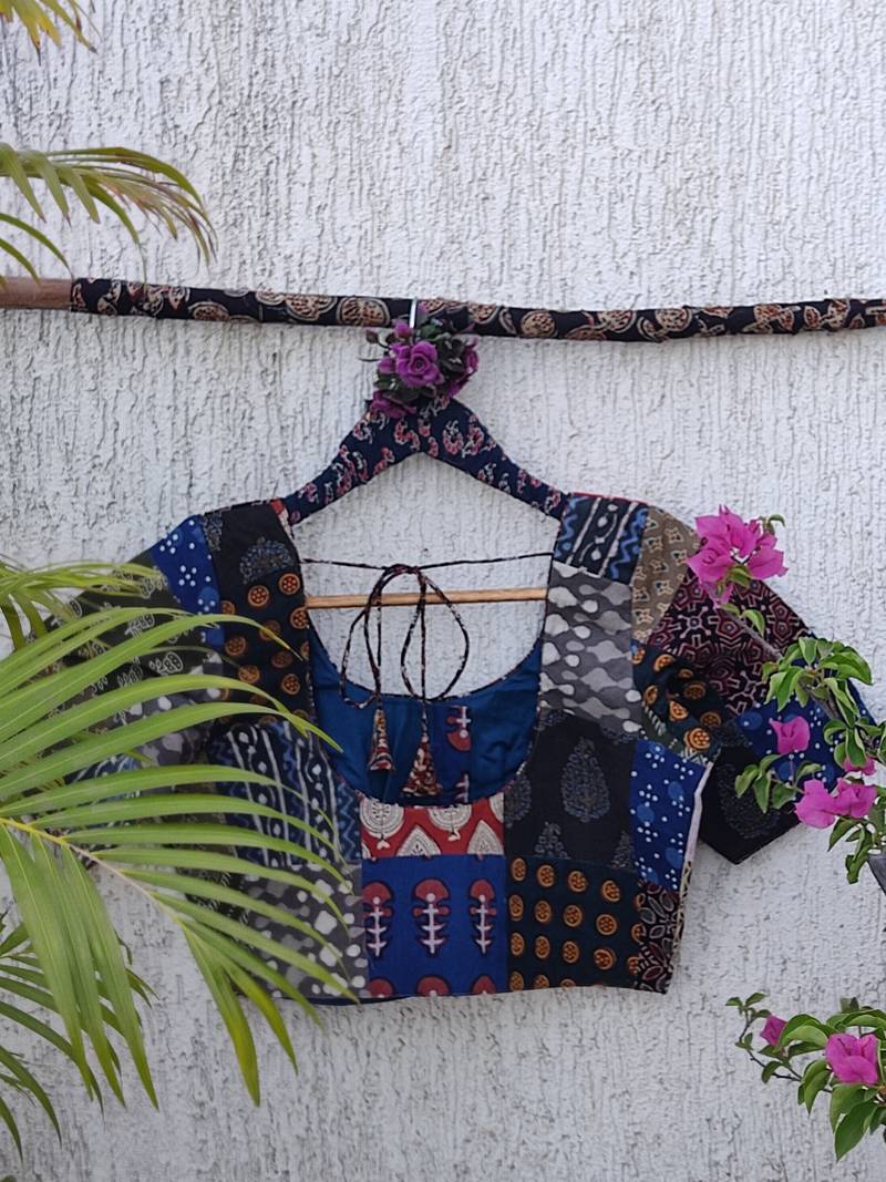 Multicolor authentic ajrakh patchwork cotton blouse