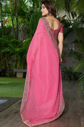Floral embroidered pure georgette fusion bandhani saree