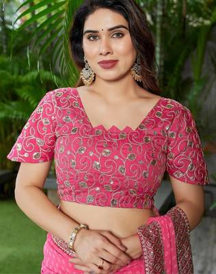 Floral embroidered pure georgette fusion bandhani saree 4