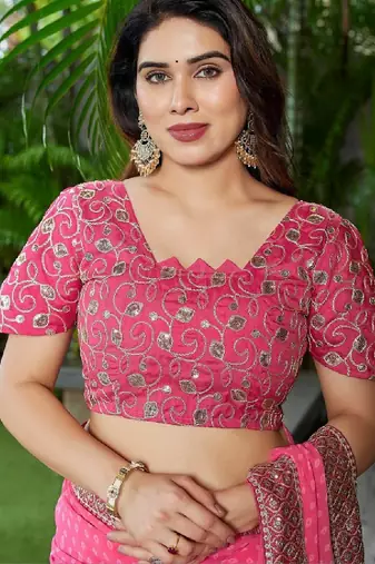 Floral embroidered pure georgette fusion bandhani saree