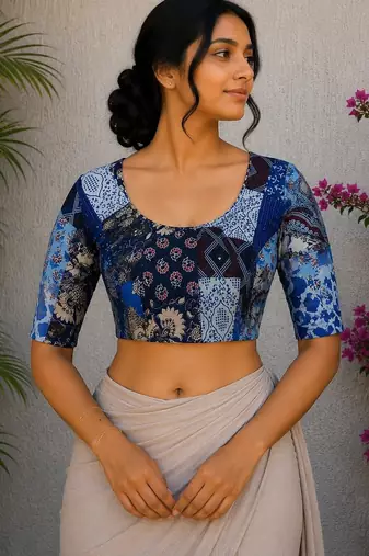 Blue authentic ajrakh patchwork cotton blouse