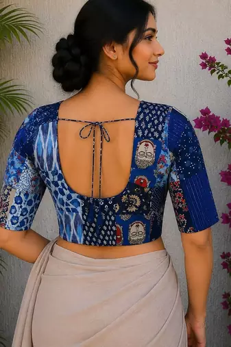 Blue authentic ajrakh patchwork cotton blouse