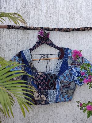 Blue authentic ajrakh patchwork cotton blouse 3
