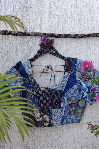Blue authentic ajrakh patchwork cotton blouse