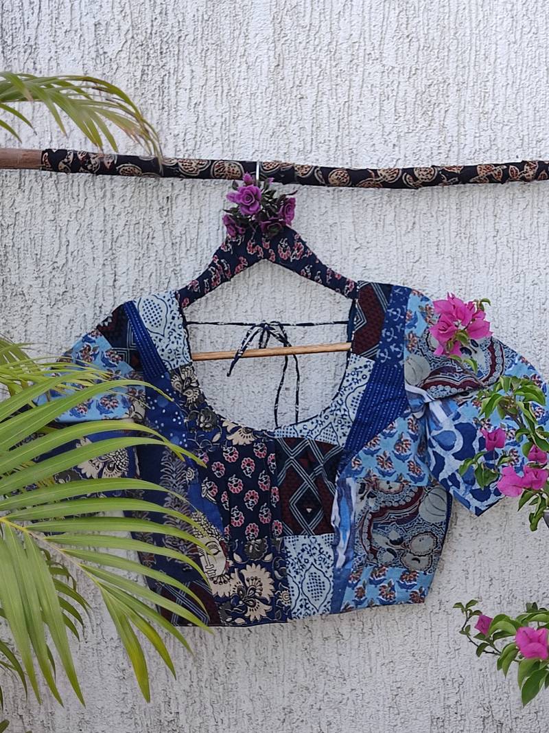 Blue authentic ajrakh patchwork cotton blouse