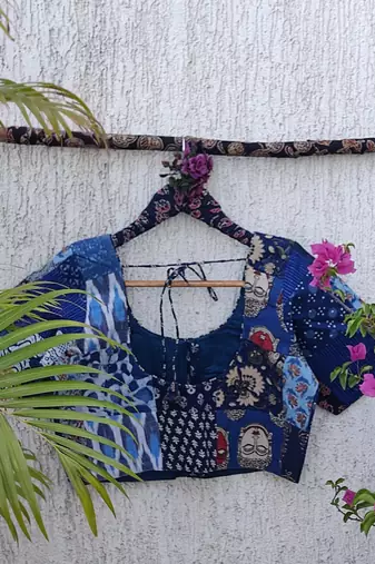 Blue authentic ajrakh patchwork cotton blouse