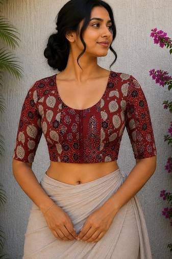 Brown authentic ajrakh patchwork cotton blouse