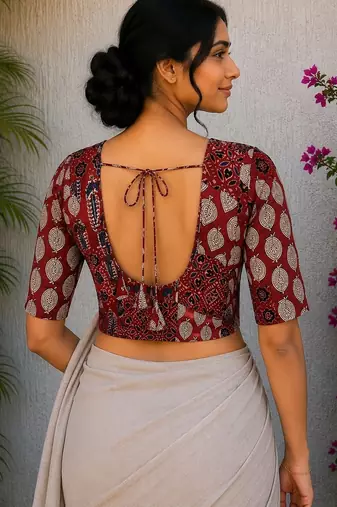 Brown authentic ajrakh patchwork cotton blouse