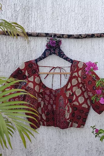 Brown authentic ajrakh patchwork cotton blouse