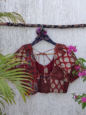 Brown authentic ajrakh patchwork cotton blouse 4